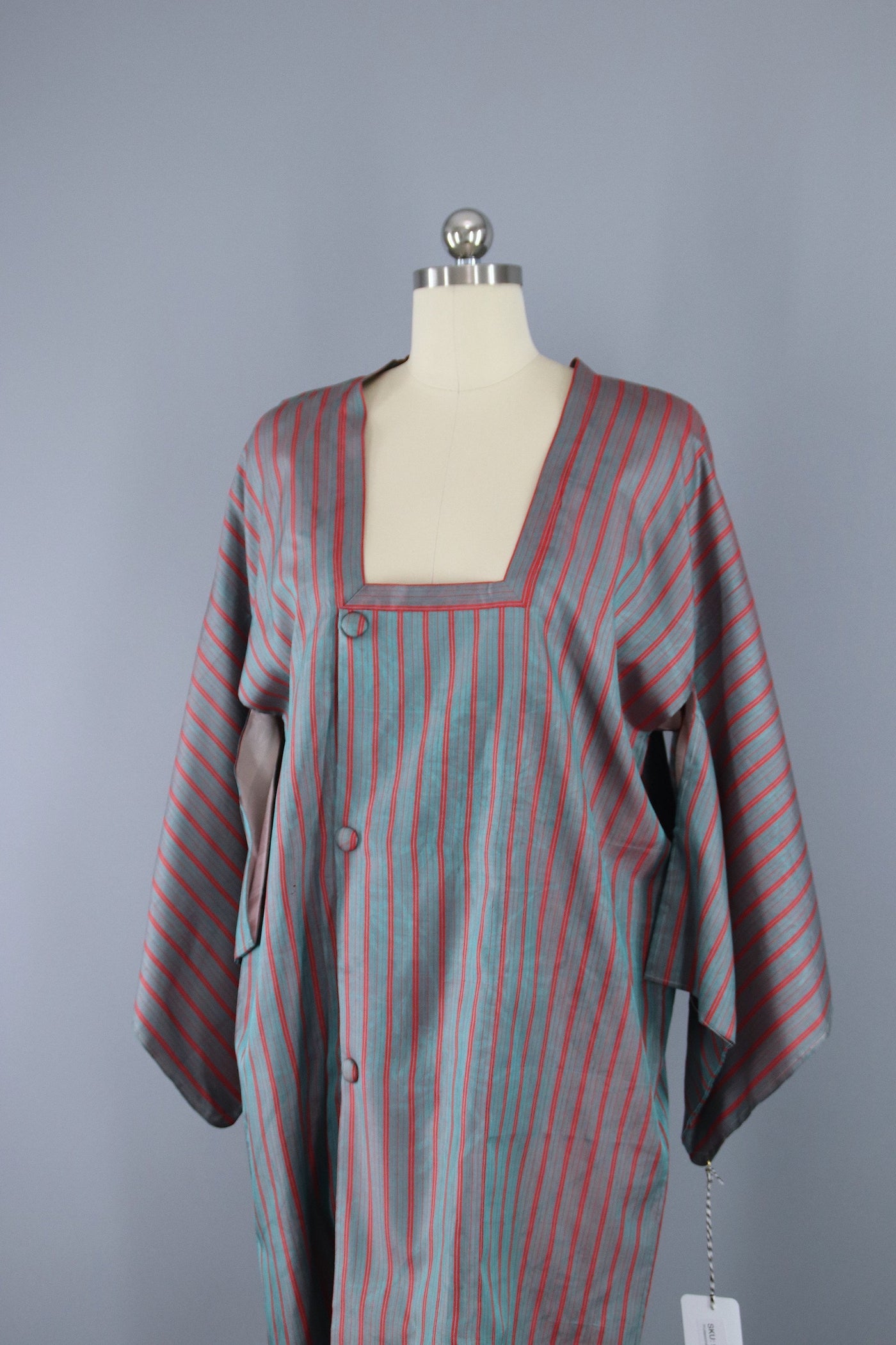 1960s Vintage Silk Kimono Jacket Coat Michiyuki / Grey Blue & Red Stripes - ThisBlueBird