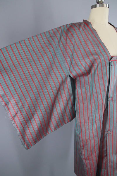 1960s Vintage Silk Kimono Jacket Coat Michiyuki / Grey Blue & Red Stripes - ThisBlueBird