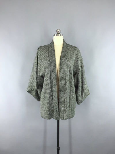 1960s Vintage Silk Kimono Jacket / Silk Haori Kimono Cardigan / Dark Forest Green Shibori - ThisBlueBird
