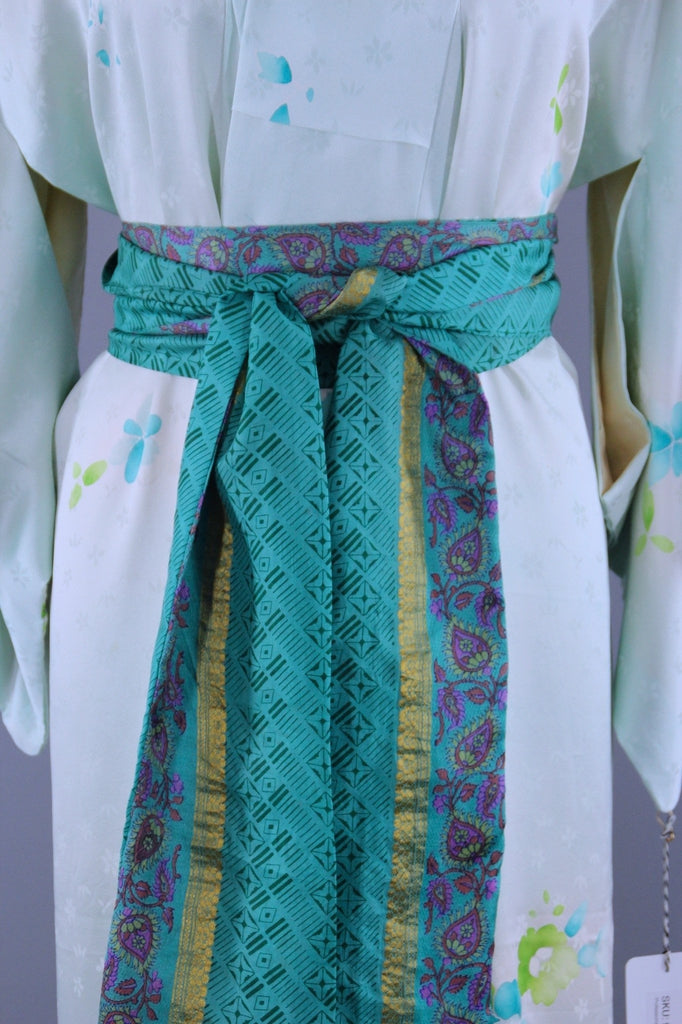 1960s Vintage Silk Kimono Robe / Aqua Blue Floral Satin – ThisBlueBird