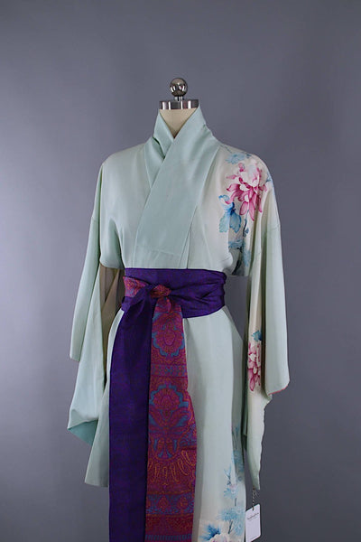 1960s Vintage Silk Kimono Robe / Aqua Blue & Pink Floral Chrysanthemums - ThisBlueBird