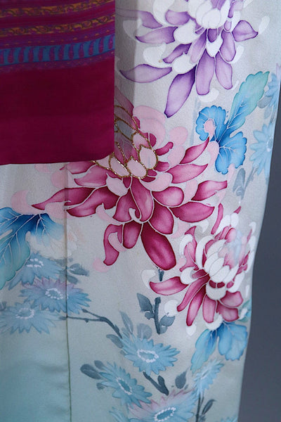 1960s Vintage Silk Kimono Robe / Aqua Blue & Pink Floral Chrysanthemums - ThisBlueBird