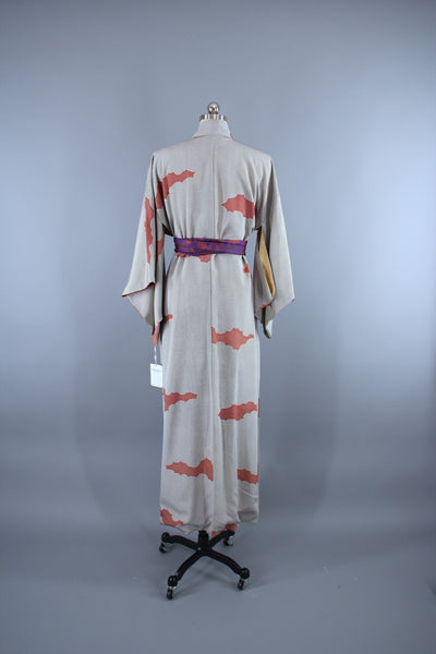 1960s Vintage Silk Kimono Robe / Black & White Clouds - ThisBlueBird