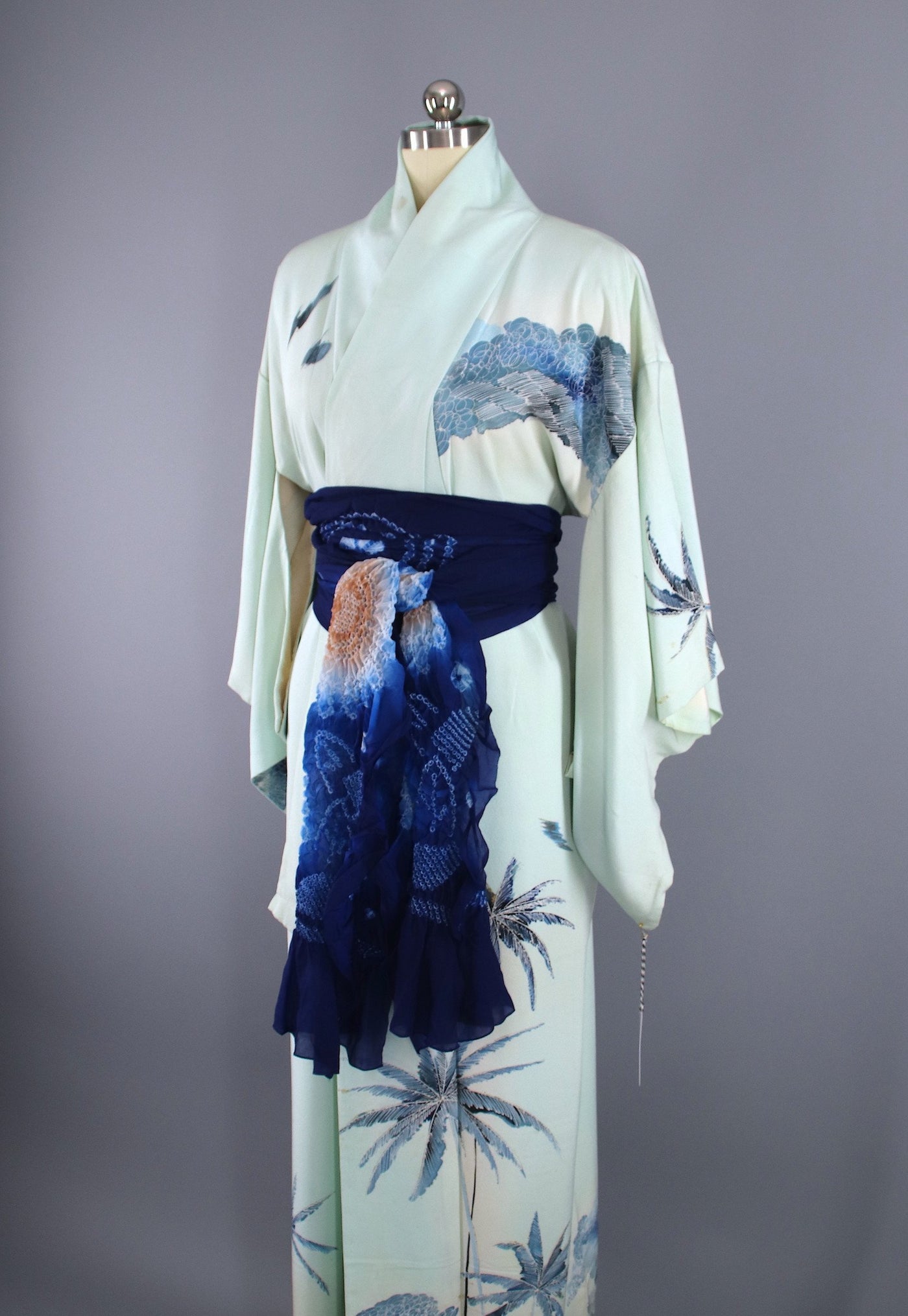 1960s Vintage Silk Kimono Robe / Blue PALM TREES - ThisBlueBird