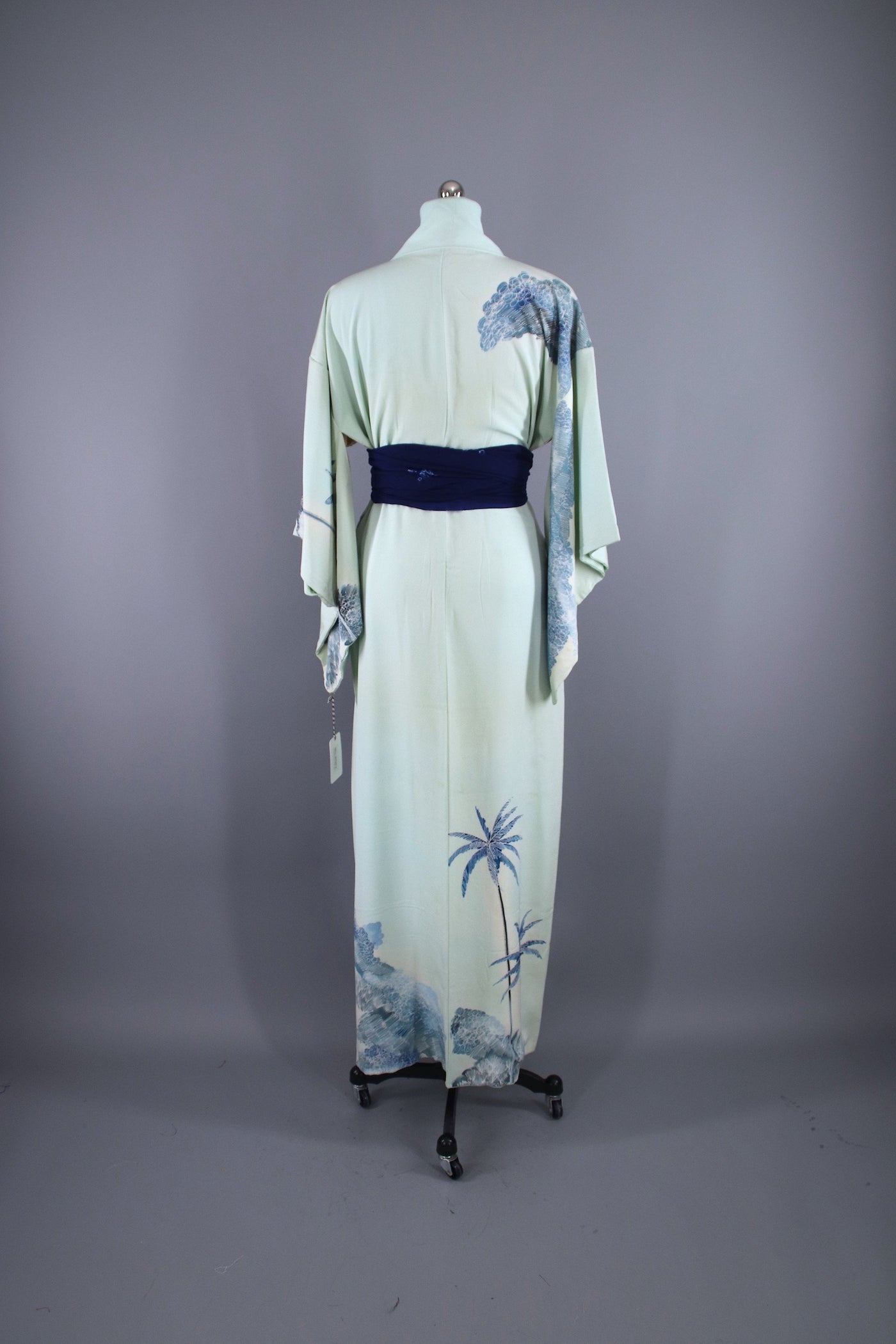 1960s Vintage Silk Kimono Robe / Blue PALM TREES - ThisBlueBird