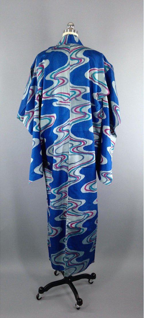 1960s Vintage Silk Kimono Robe / Blue Waves Yukata - ThisBlueBird