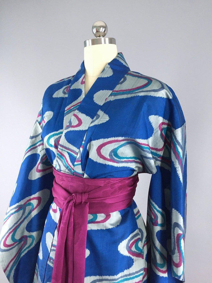 1960s Vintage Silk Kimono Robe / Blue Waves Yukata - ThisBlueBird