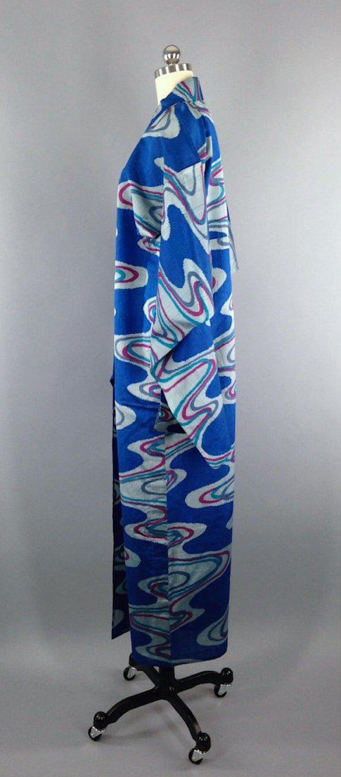 1960s Vintage Silk Kimono Robe / Blue Waves Yukata - ThisBlueBird