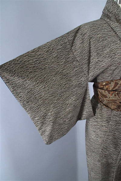1960s Vintage Silk Kimono Robe / Brown Abstract Print - ThisBlueBird