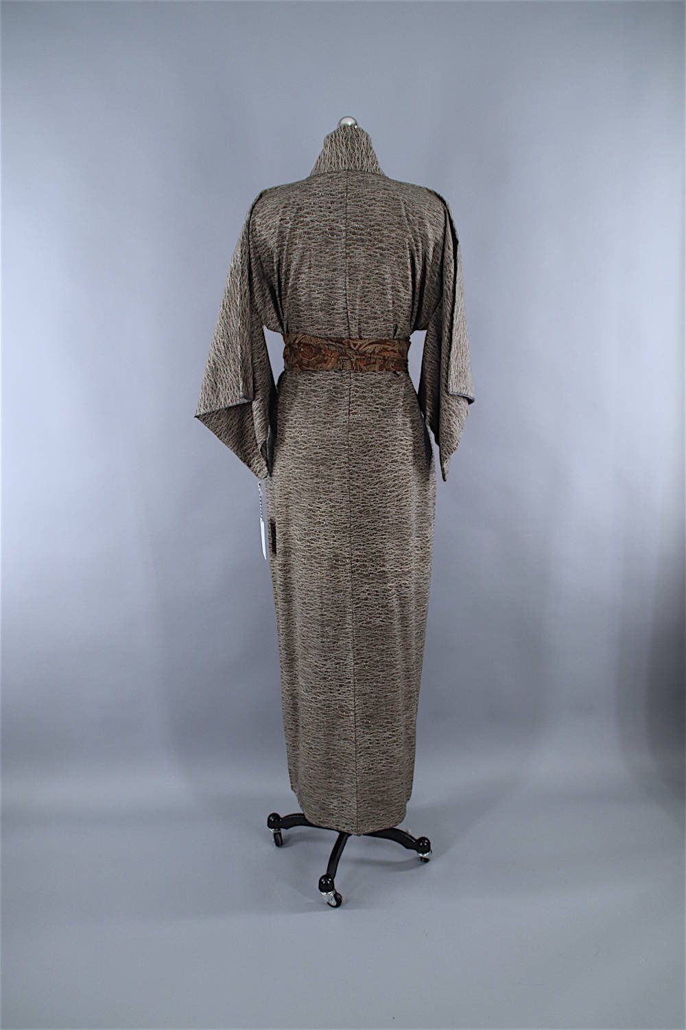 1960s Vintage Silk Kimono Robe / Brown Abstract Print - ThisBlueBird