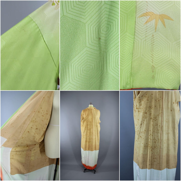 1960s Vintage Silk Kimono Robe Furisode / Bright Apple Green Phoenix Birds - ThisBlueBird