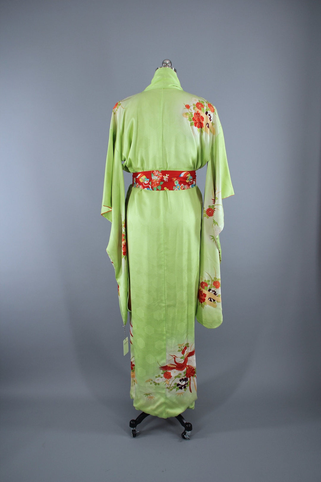 1960s Vintage Silk Kimono Robe Furisode / Bright Apple Green Phoenix Birds - ThisBlueBird
