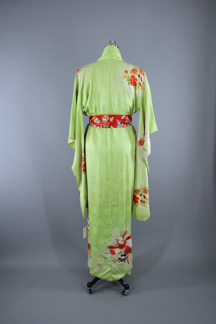 1960s Vintage Silk Kimono Robe Furisode / Bright Apple Green Phoenix Birds - ThisBlueBird