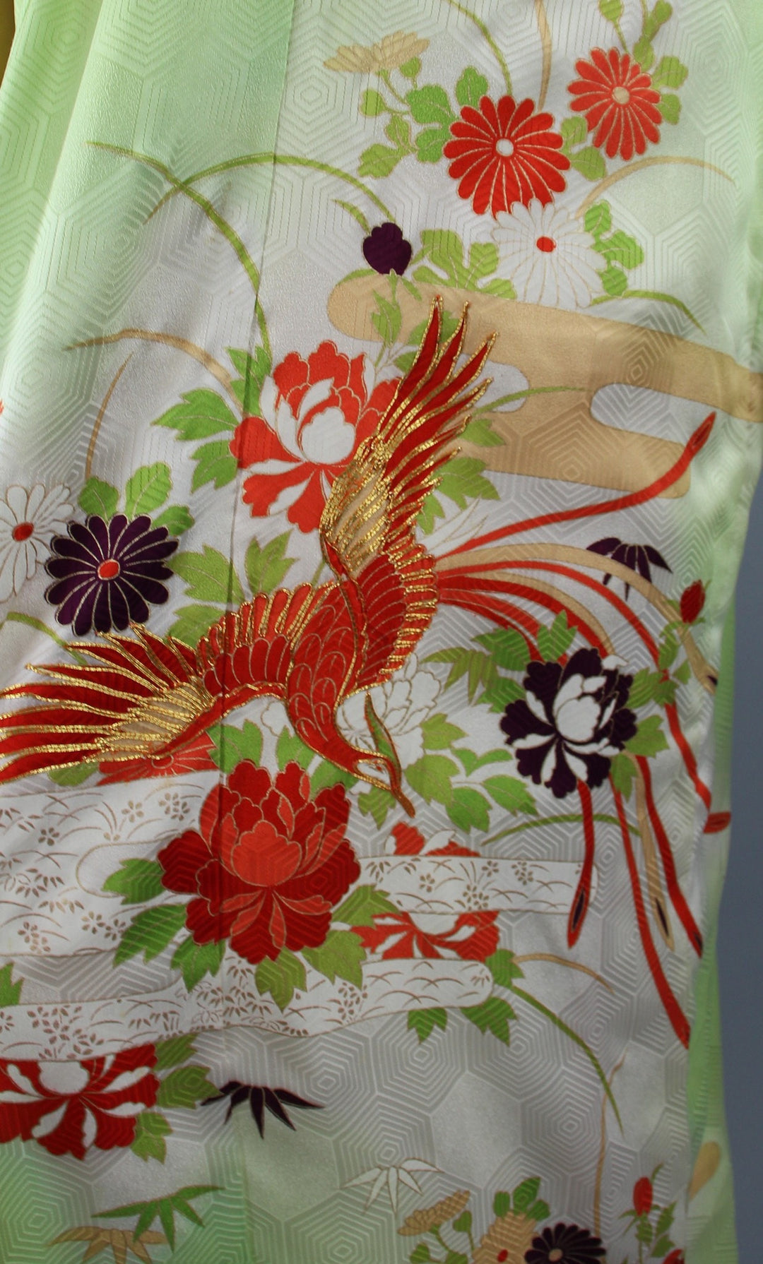 1960s Vintage Silk Kimono Robe Furisode / Bright Apple Green Phoenix Birds - ThisBlueBird