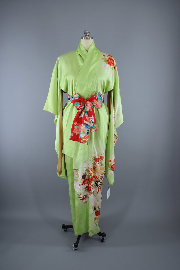 1960s Vintage Silk Kimono Robe Furisode / Bright Apple Green Phoenix Birds - ThisBlueBird