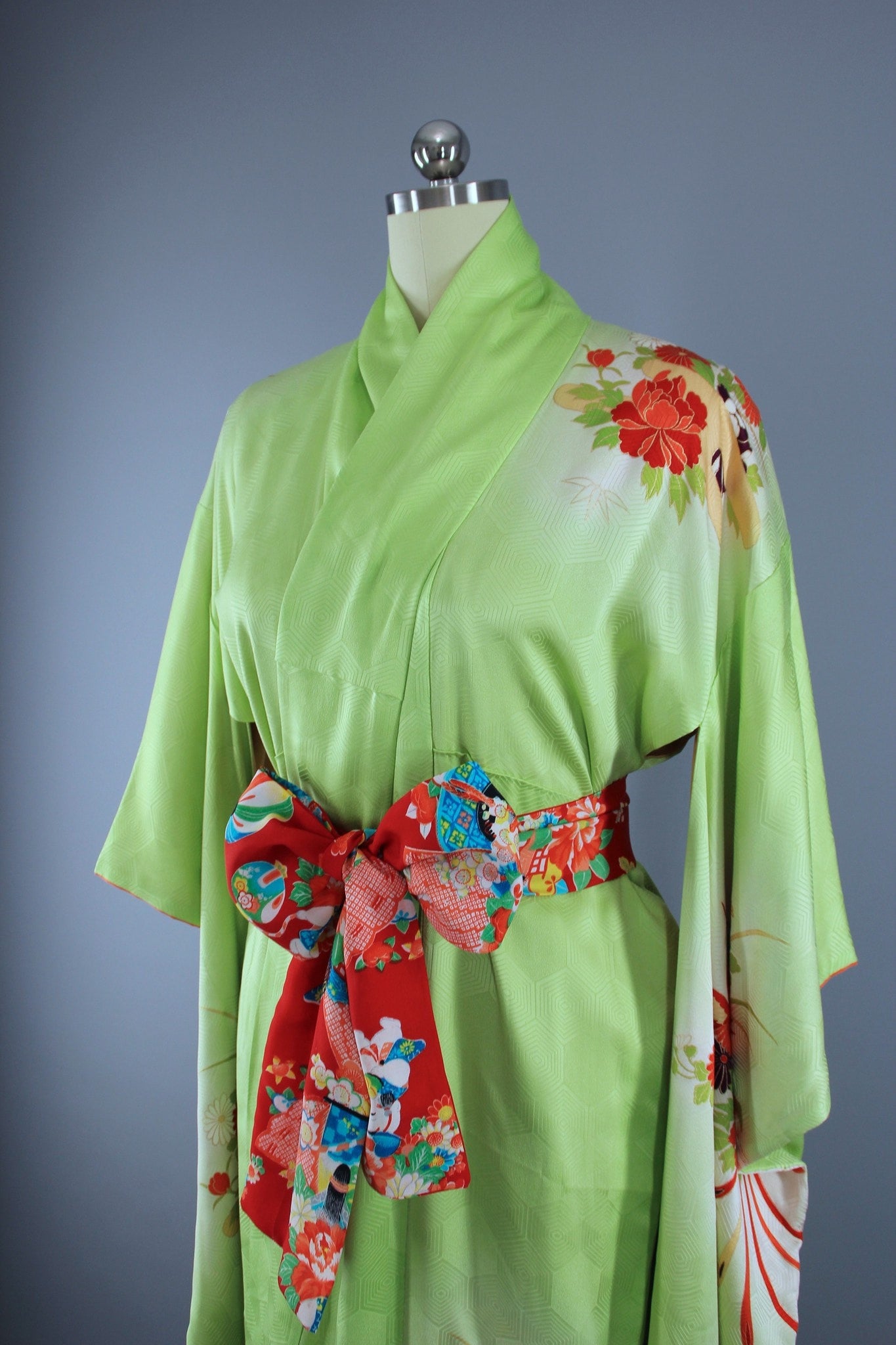 1960s Vintage Silk Kimono Robe Furisode / Bright Apple Green Phoenix Birds - ThisBlueBird
