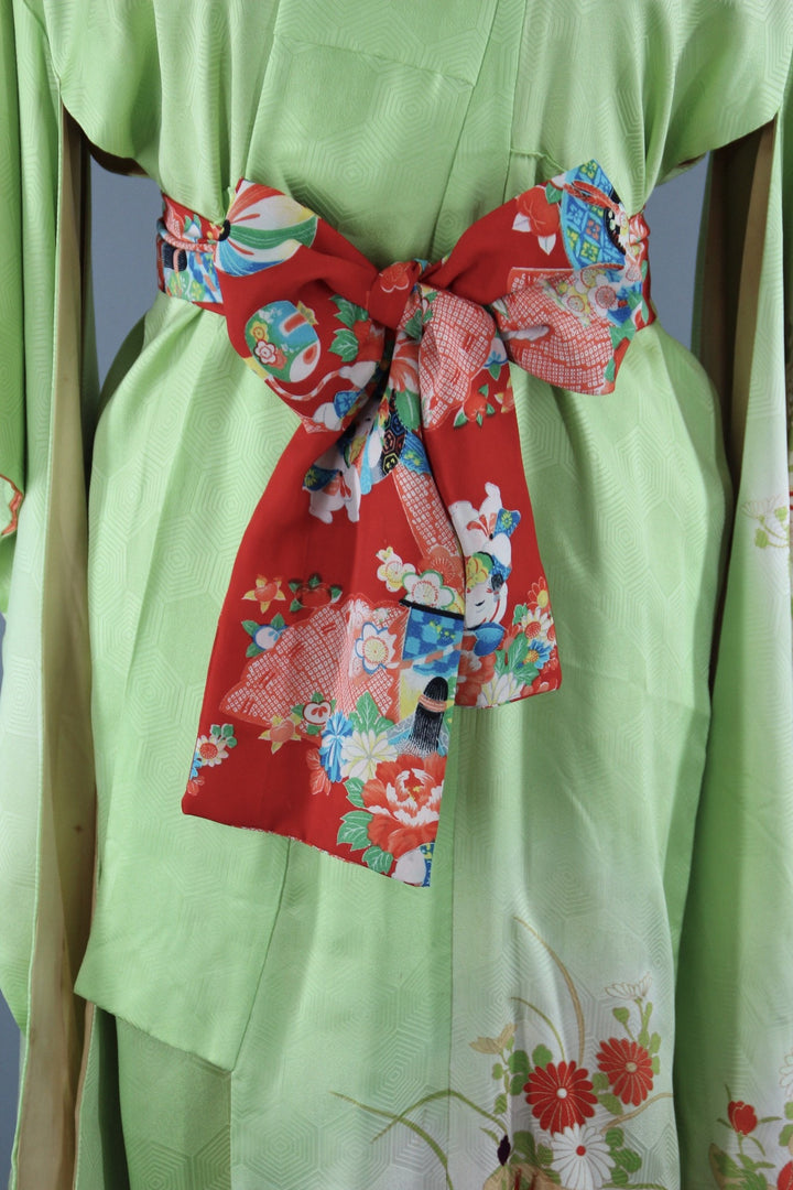 1960s Vintage Silk Kimono Robe Furisode / Bright Apple Green Phoenix Birds - ThisBlueBird