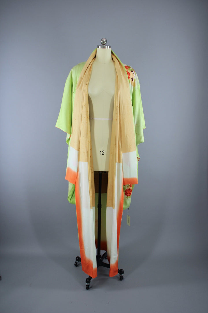 1960s Vintage Silk Kimono Robe Furisode / Bright Apple Green Phoenix Birds - ThisBlueBird