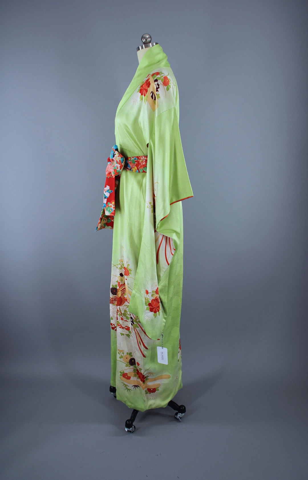 1960s Vintage Silk Kimono Robe Furisode / Bright Apple Green Phoenix Birds - ThisBlueBird