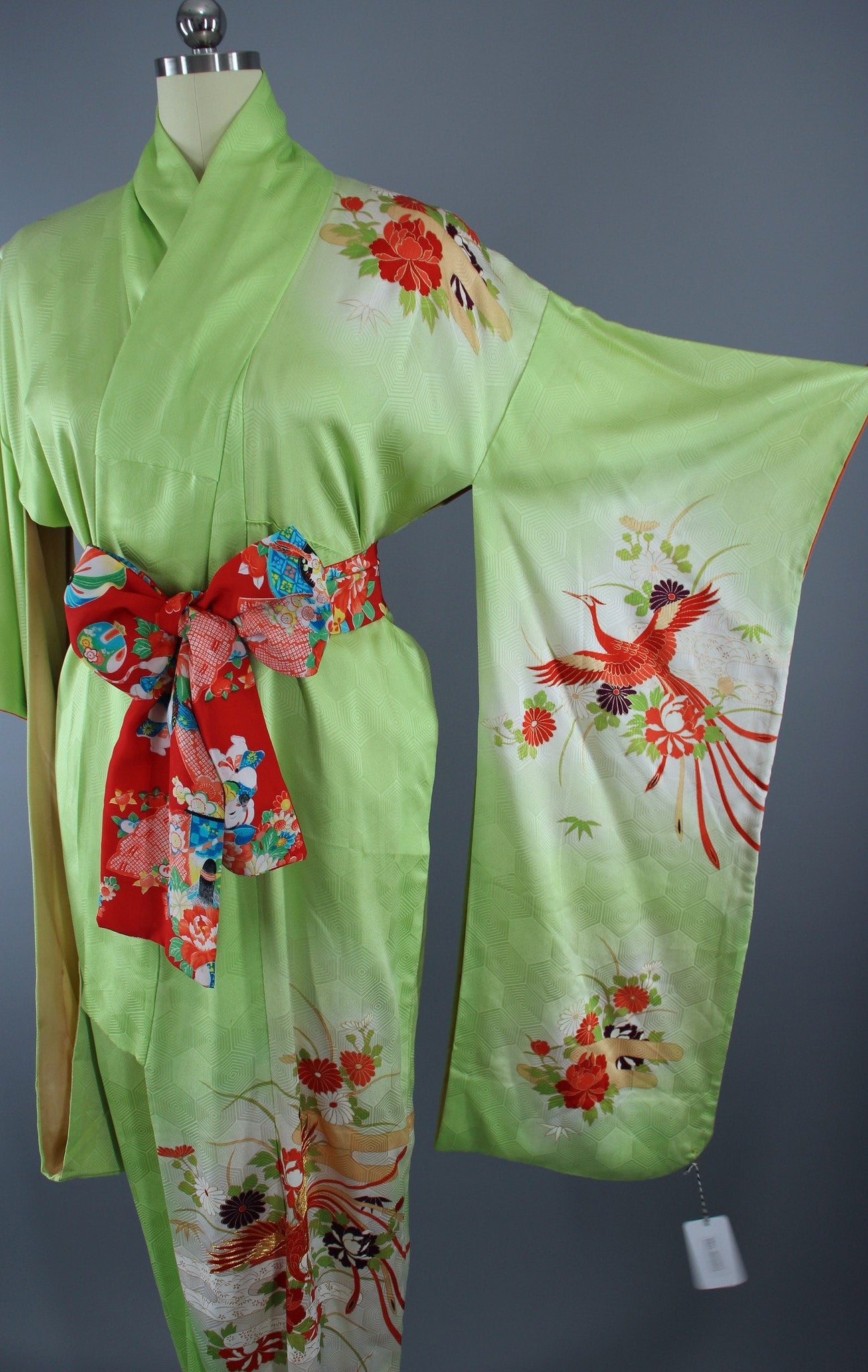 1960s Vintage Silk Kimono Robe Furisode / Bright Apple Green Phoenix Birds - ThisBlueBird