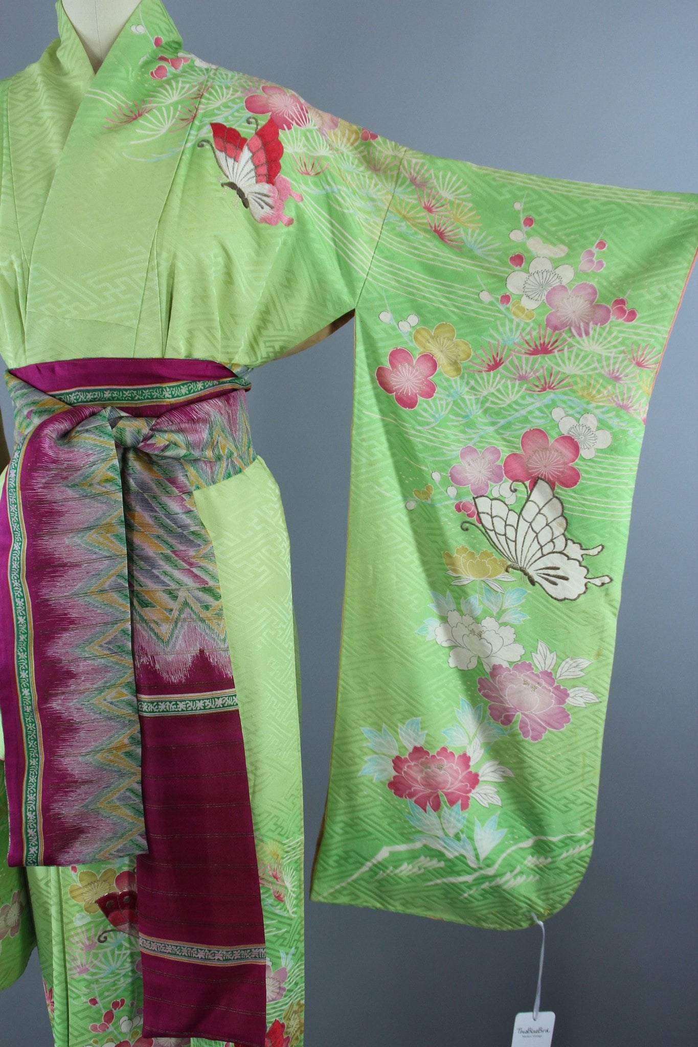 1960s Vintage Silk Kimono Robe Furisode / Embroidered Butterflies - ThisBlueBird