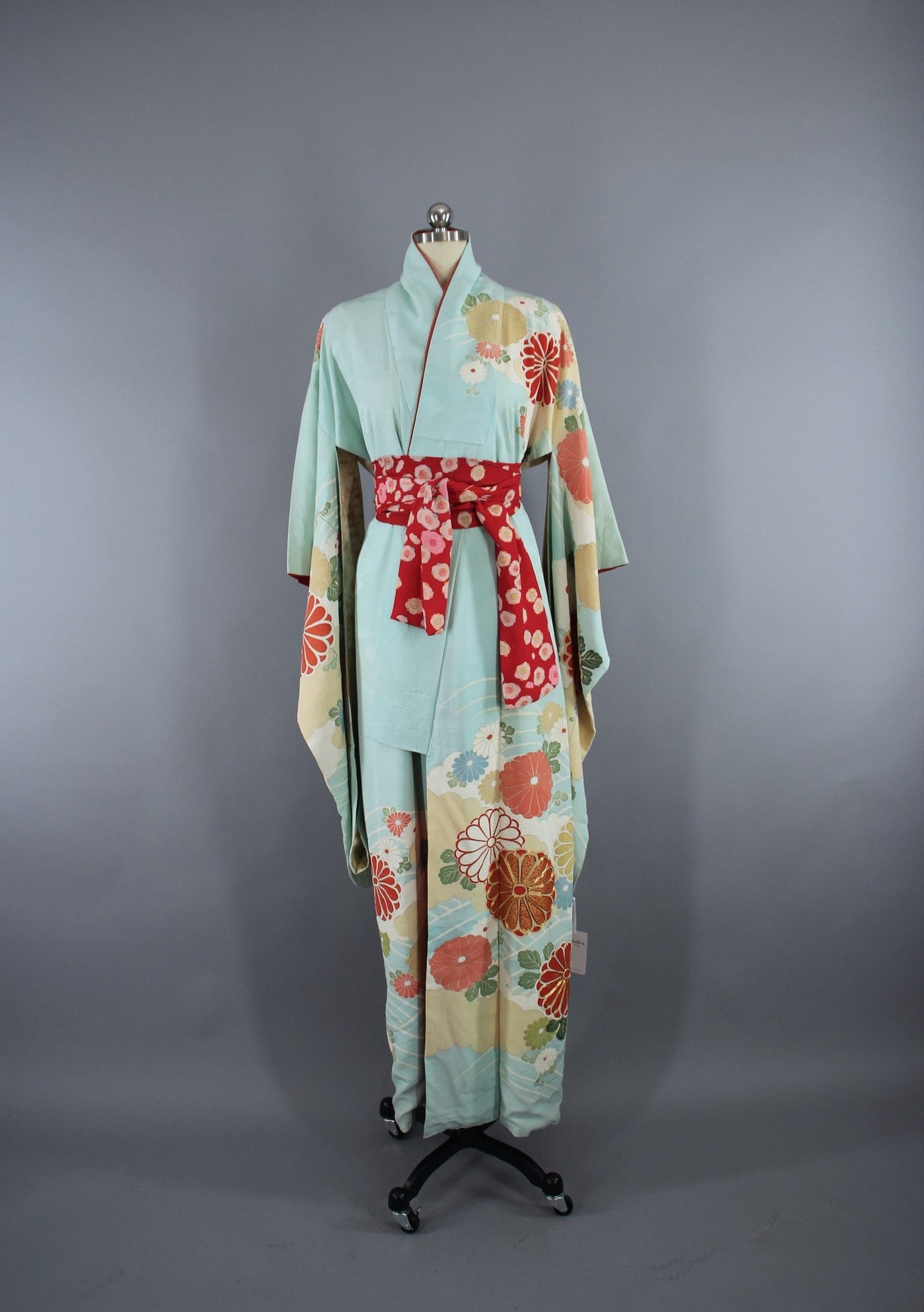 1960s Vintage Silk Kimono Robe Furisode in Aqua & Orange Floral Print - ThisBlueBird