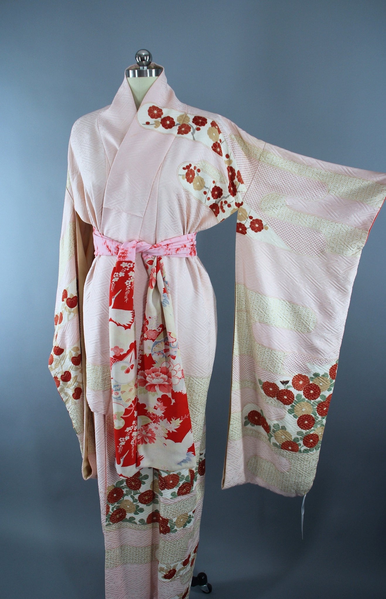 1960s Vintage Silk Kimono Robe Furisode in Pastel Pink and Red Floral Print - ThisBlueBird