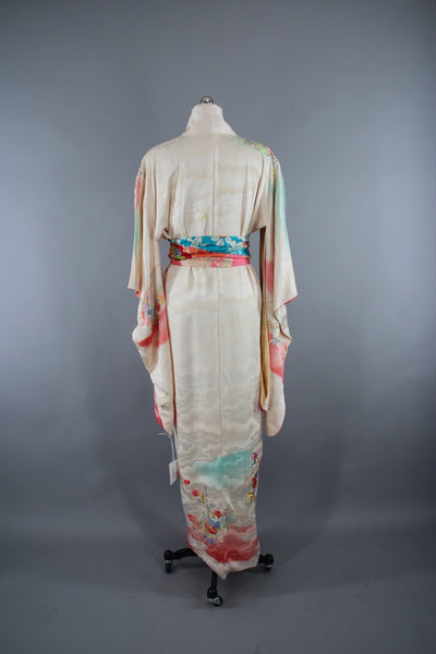 1960s Vintage Silk Kimono Robe Furisode in White Ombre Pink Clouds with Floral Embroidery - ThisBlueBird