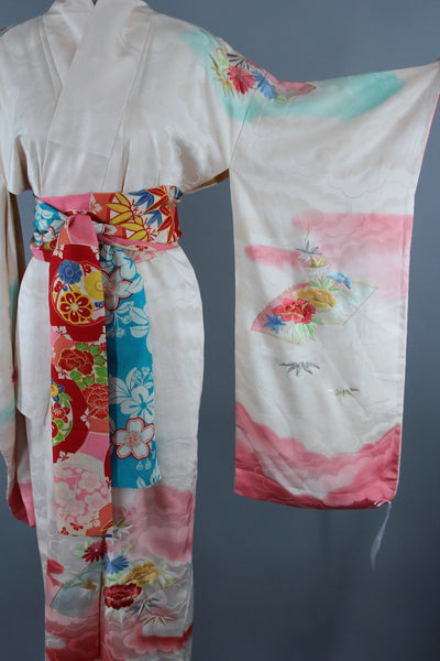 1960s Vintage Silk Kimono Robe Furisode in White Ombre Pink Clouds with Floral Embroidery - ThisBlueBird