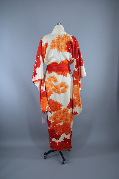 1960s Vintage Silk Kimono Robe Furisode / Ivory Orange Floral Gold Embroidery - ThisBlueBird