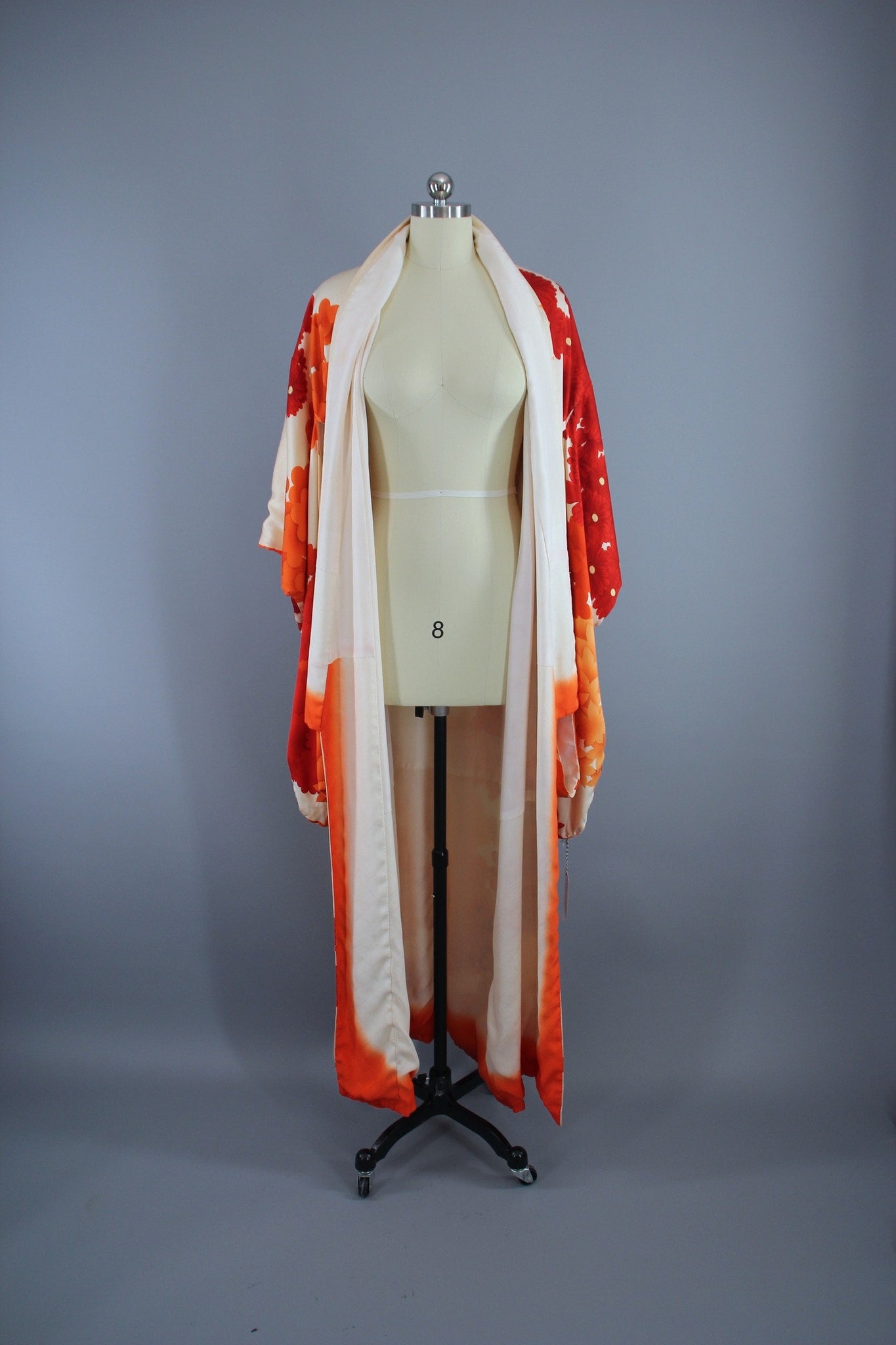 1960s Vintage Silk Kimono Robe Furisode / Ivory Orange Floral Gold Embroidery - ThisBlueBird