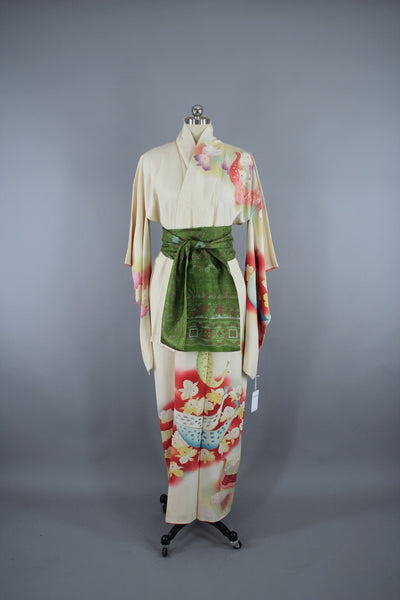 1960s Vintage Silk Kimono Robe Furisode / Ivory PEACOCKS Birds & Orchids Floral - ThisBlueBird