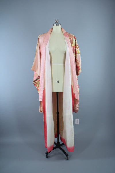 1960s Vintage Silk Kimono Robe Furisode / Pink & Gold Floral - ThisBlueBird