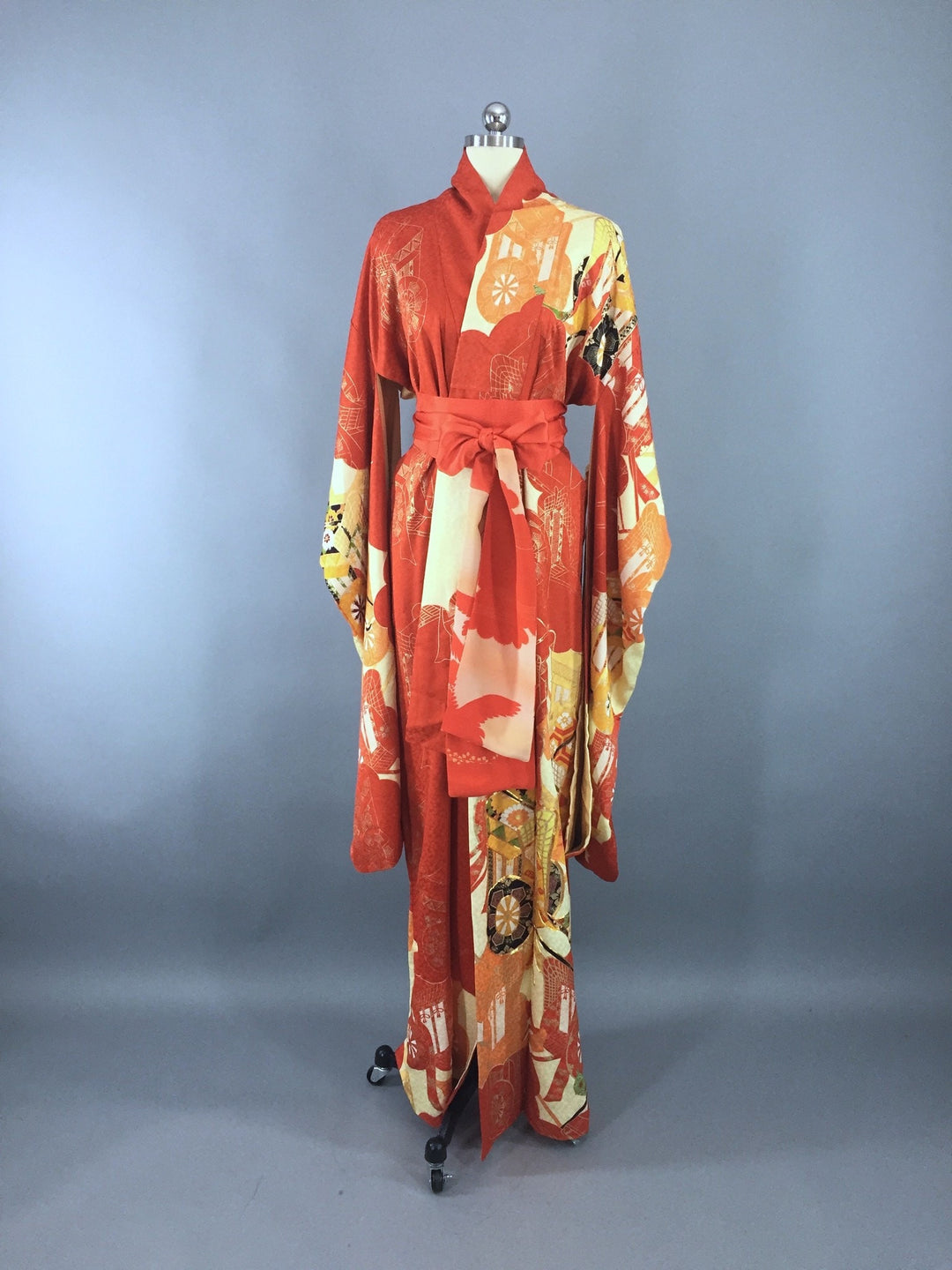 1960s Vintage Silk Kimono Robe Furisode with Orange and Gold Floral Print - ThisBlueBird