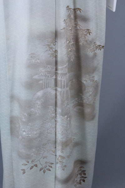 1960s Vintage Silk Kimono Robe / Green Platinum Embroidery - ThisBlueBird