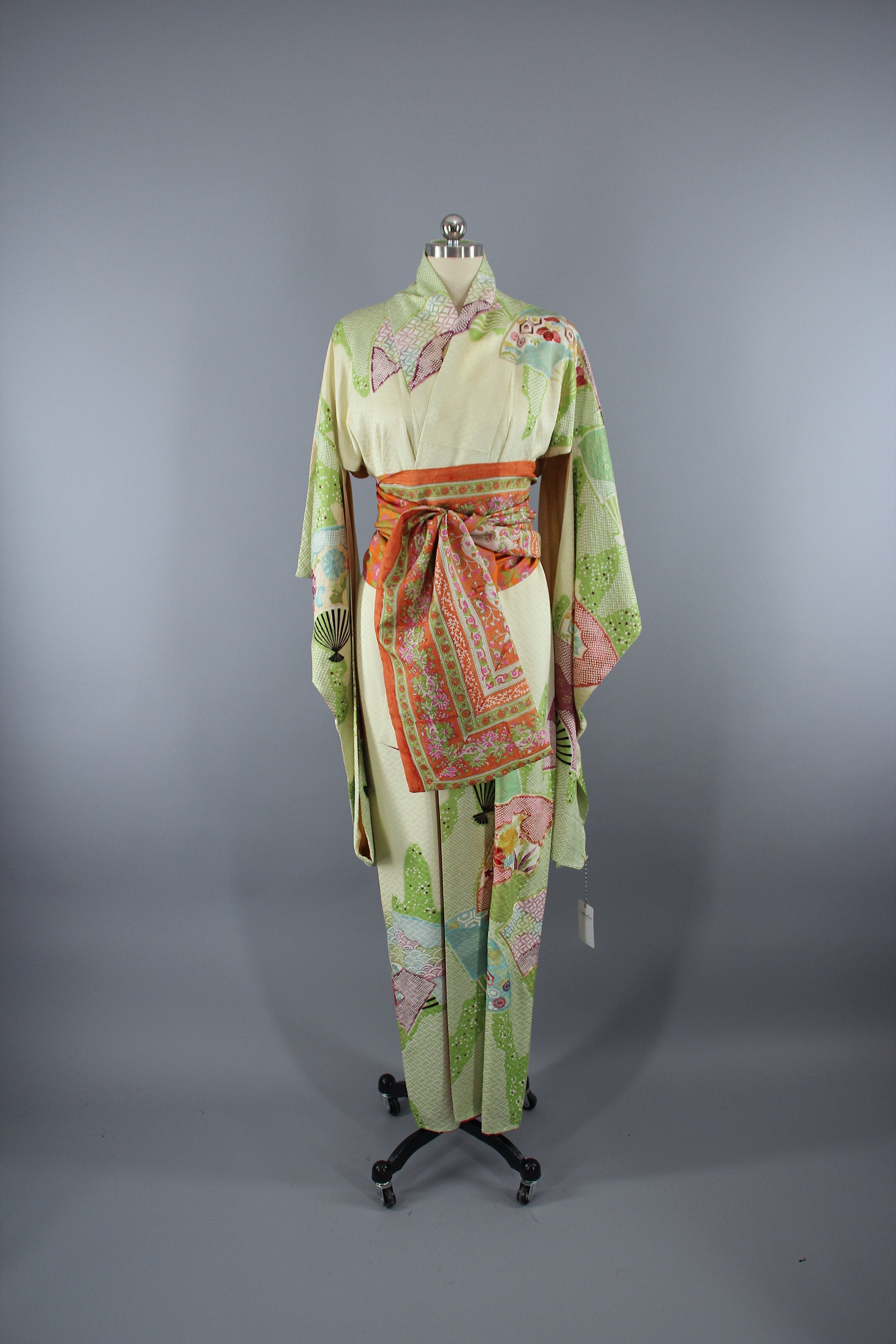 1960s Vintage Silk Kimono Robe / Green & Purple Shibori Furisode ...