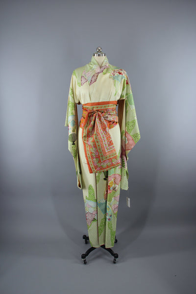 1960s Vintage Silk Kimono Robe / Green & Purple Shibori Furisode - ThisBlueBird