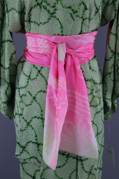 1960s Vintage Silk Kimono Robe / Green Shibori - ThisBlueBird
