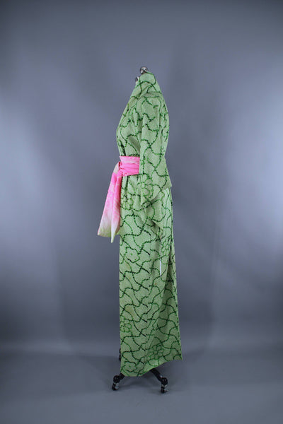 1960s Vintage Silk Kimono Robe / Green Shibori - ThisBlueBird