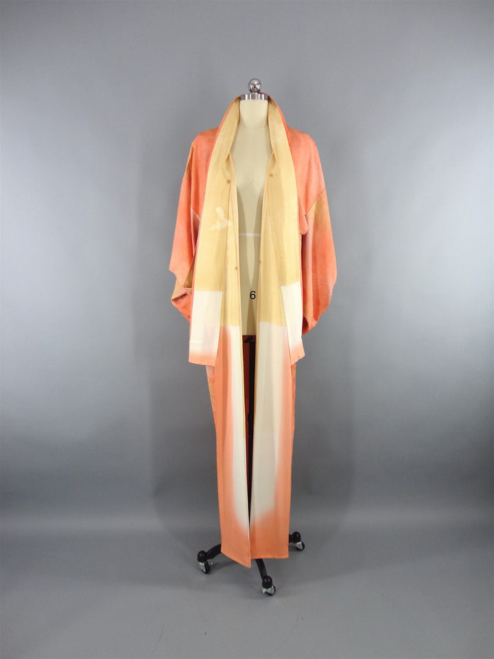 1960s Vintage Silk Kimono Robe in Orange Sherbet Ombre - ThisBlueBird
