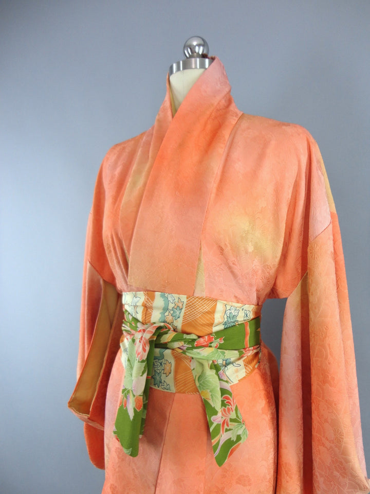 1960s Vintage Silk Kimono Robe in Orange Sherbet Ombre - ThisBlueBird