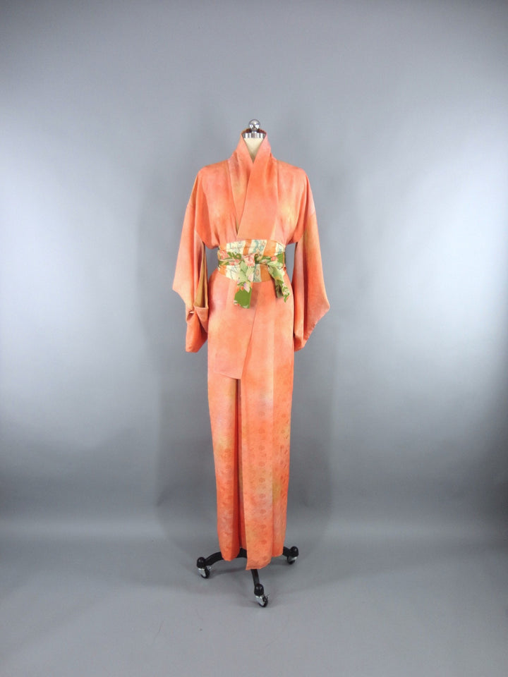 1960s Vintage Silk Kimono Robe in Orange Sherbet Ombre - ThisBlueBird