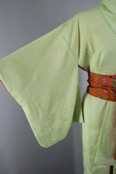1960s Vintage Silk Kimono Robe in Pastel Spring Green - ThisBlueBird
