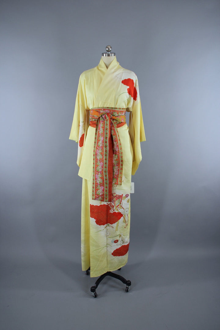 1960s Vintage Silk Kimono Robe in Pastel Yellow Novelty Print - ThisBlueBird