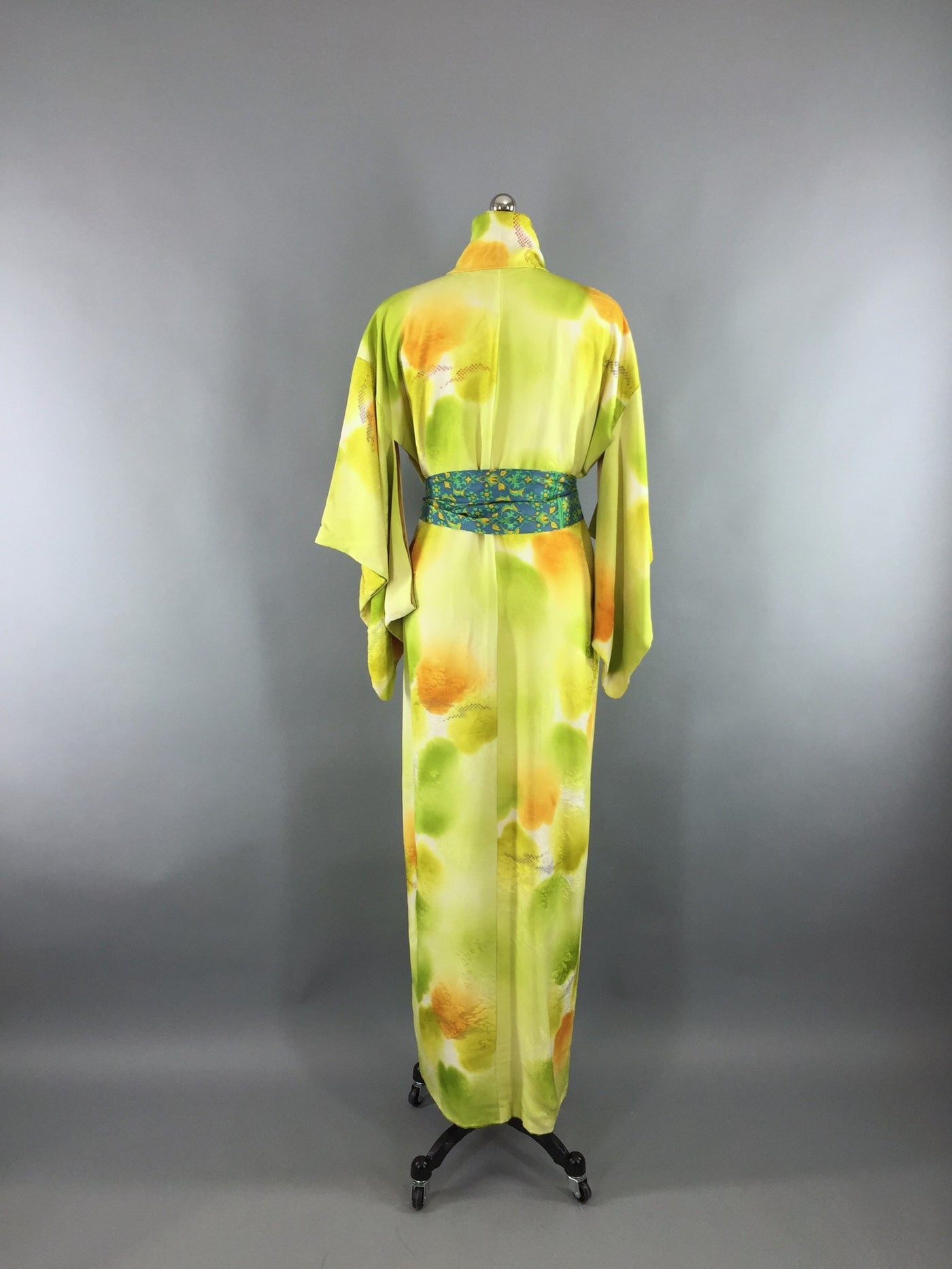 1960s Vintage Silk Kimono Robe in Psychedelic Acid Green Metallic Embroidery - ThisBlueBird