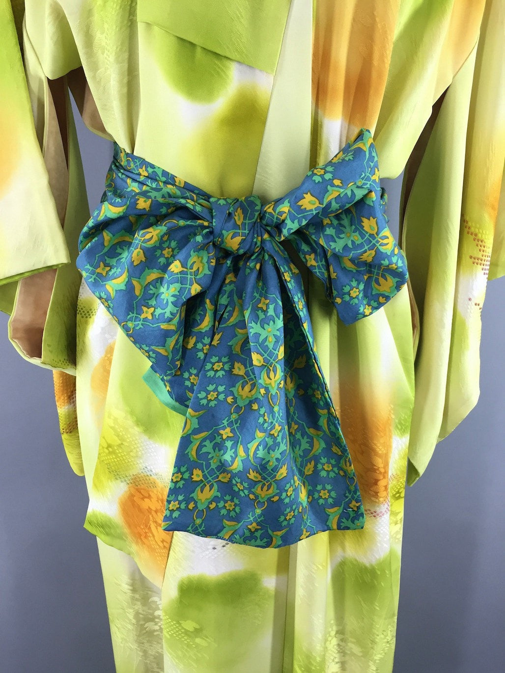 1960s Vintage Silk Kimono Robe in Psychedelic Acid Green Metallic Embroidery - ThisBlueBird