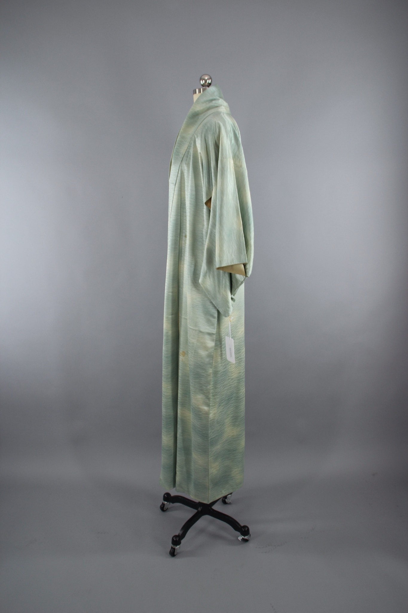 1960s Vintage Silk Kimono Robe in Sea Foam Green Ombre Satin - ThisBlueBird