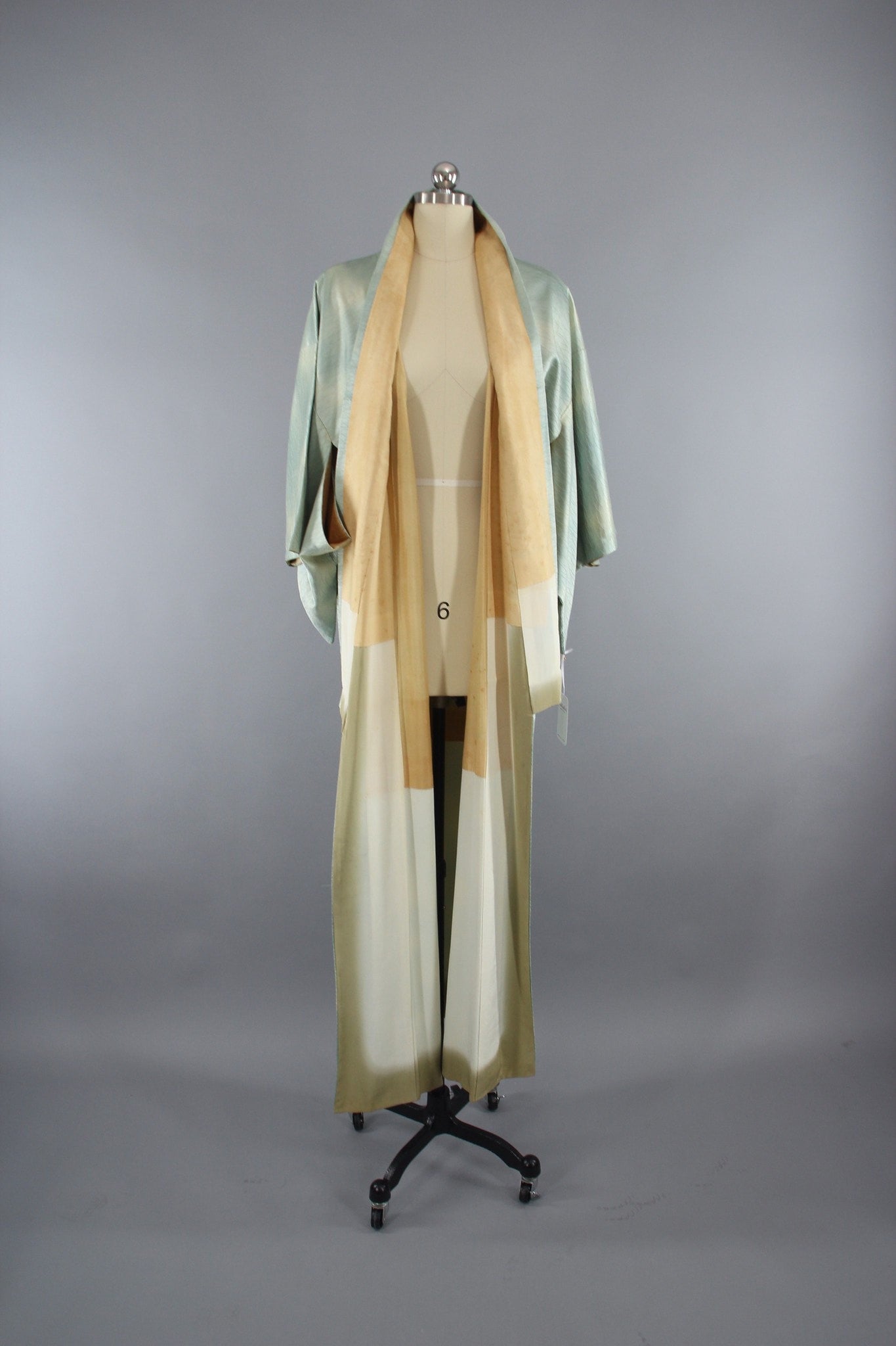 1960s Vintage Silk Kimono Robe in Sea Foam Green Ombre Satin - ThisBlueBird