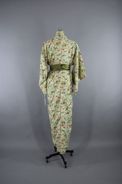 1960s Vintage Silk Kimono Robe in Spring Green Floral Print - ThisBlueBird
