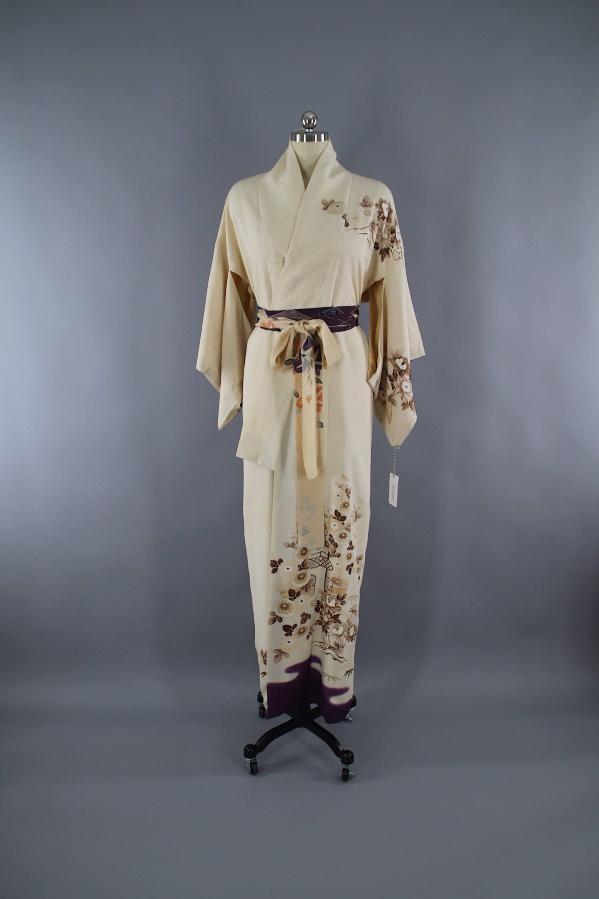 1960s Vintage Silk Kimono Robe / Ivory Brown Purple Ombre Floral ...
